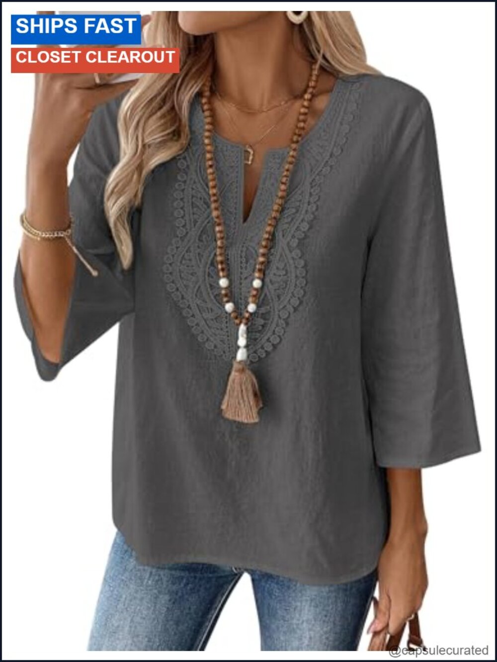 Women's 3/4 Sleeve Tunic Blouse with Lace Neck Cotton Linen Blend Top
